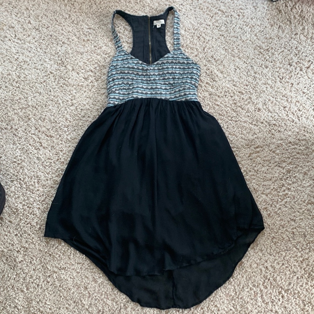 Medium Casual Dress with Blue Patterned Top and Black Skirt